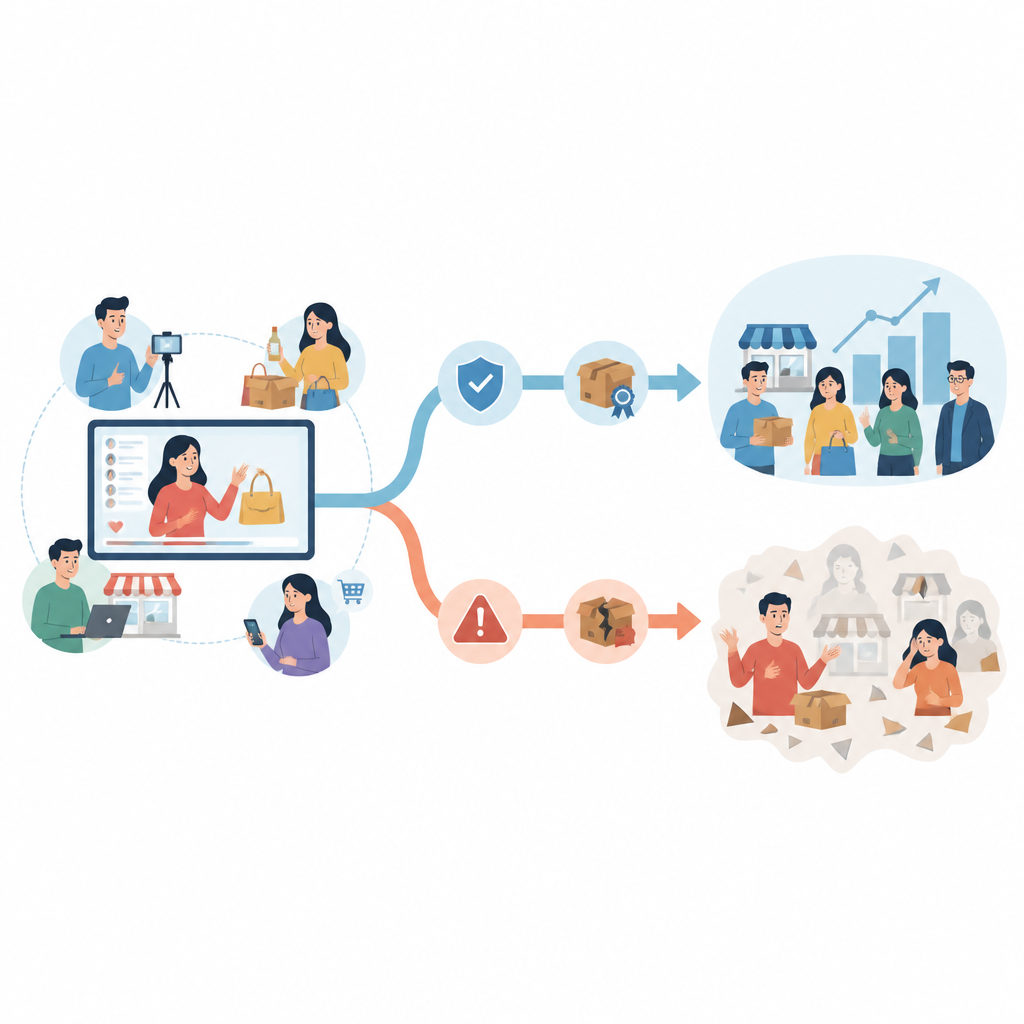 Figure 1. Come lo shopping in diretta può condurre sia a una promozione onesta dei prodotti sia a un clamore fuorviante, a seconda delle regole e dei comportamenti.