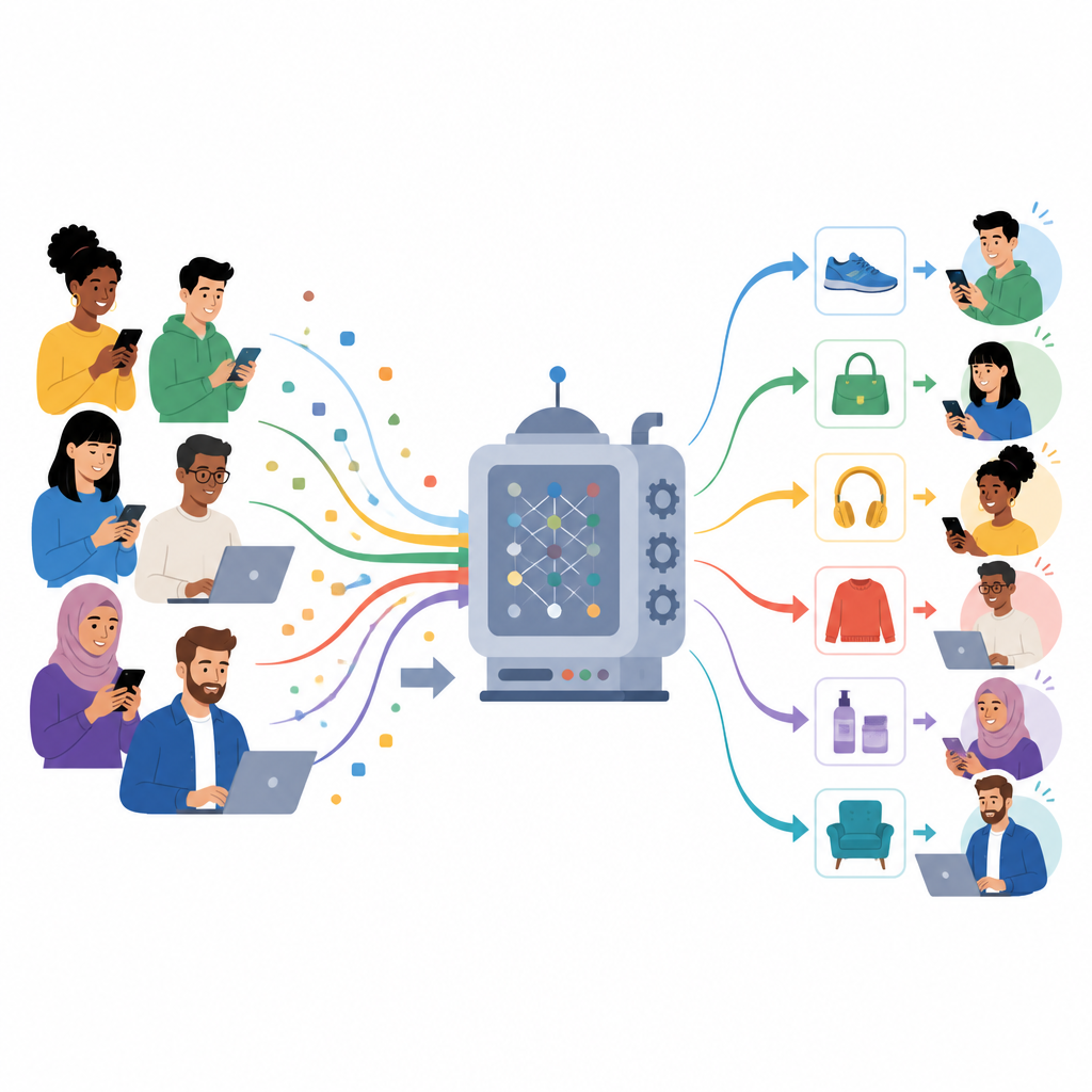 Figure 1. Datengetriebene Onlineshops nutzen intelligente Suchverfahren, um verstreute Klicks in relevantere Angebote für Kundinnen und Kunden zu verwandeln.