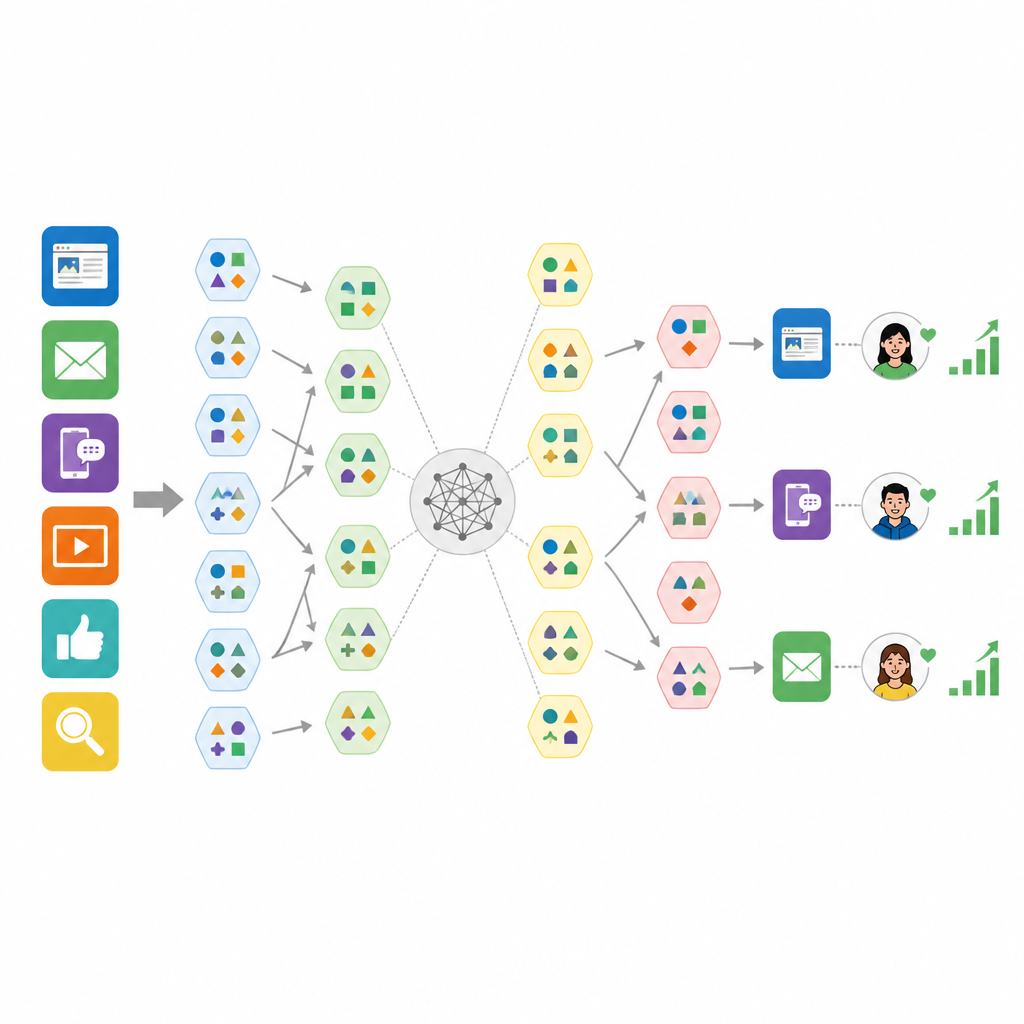 Figure 2. Eine schrittweise intelligente Suche testet viele Marketing‑Mischungen, behält die besten und entwickelt sie weiter, um die Ergebnisse von Online‑Kampagnen zu steigern.