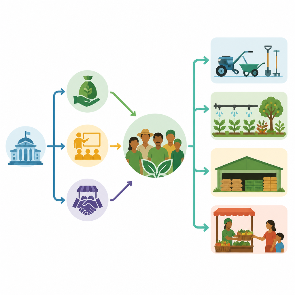 Figure 2. How funding, training and markets flow through farmer groups to better tools, greener fields and stronger incomes.