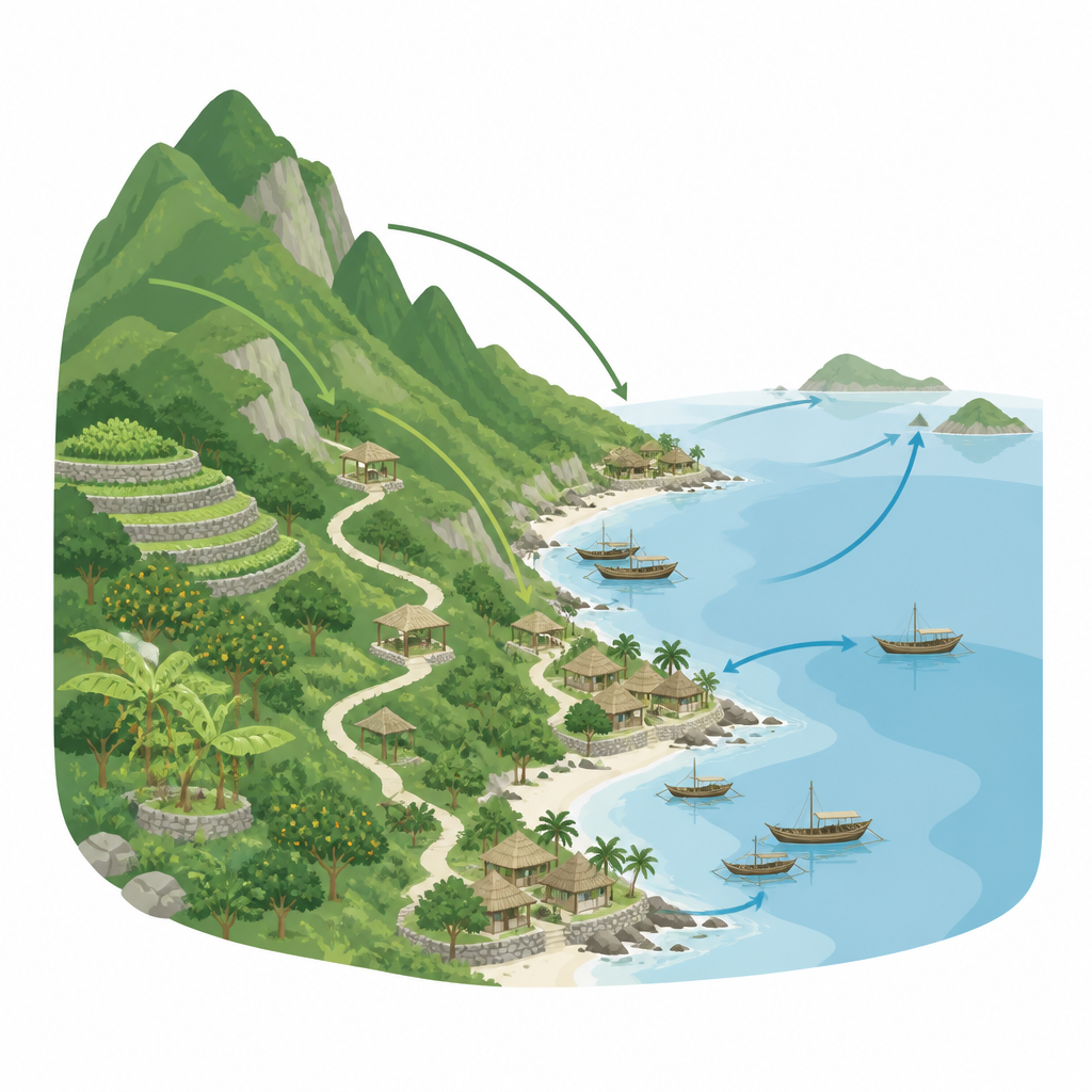 Figure 1. Come gli agricoltori di montagna e i mercanti costieri si collegano attraverso una stretta costa insulare e rotte condivise sul mare.