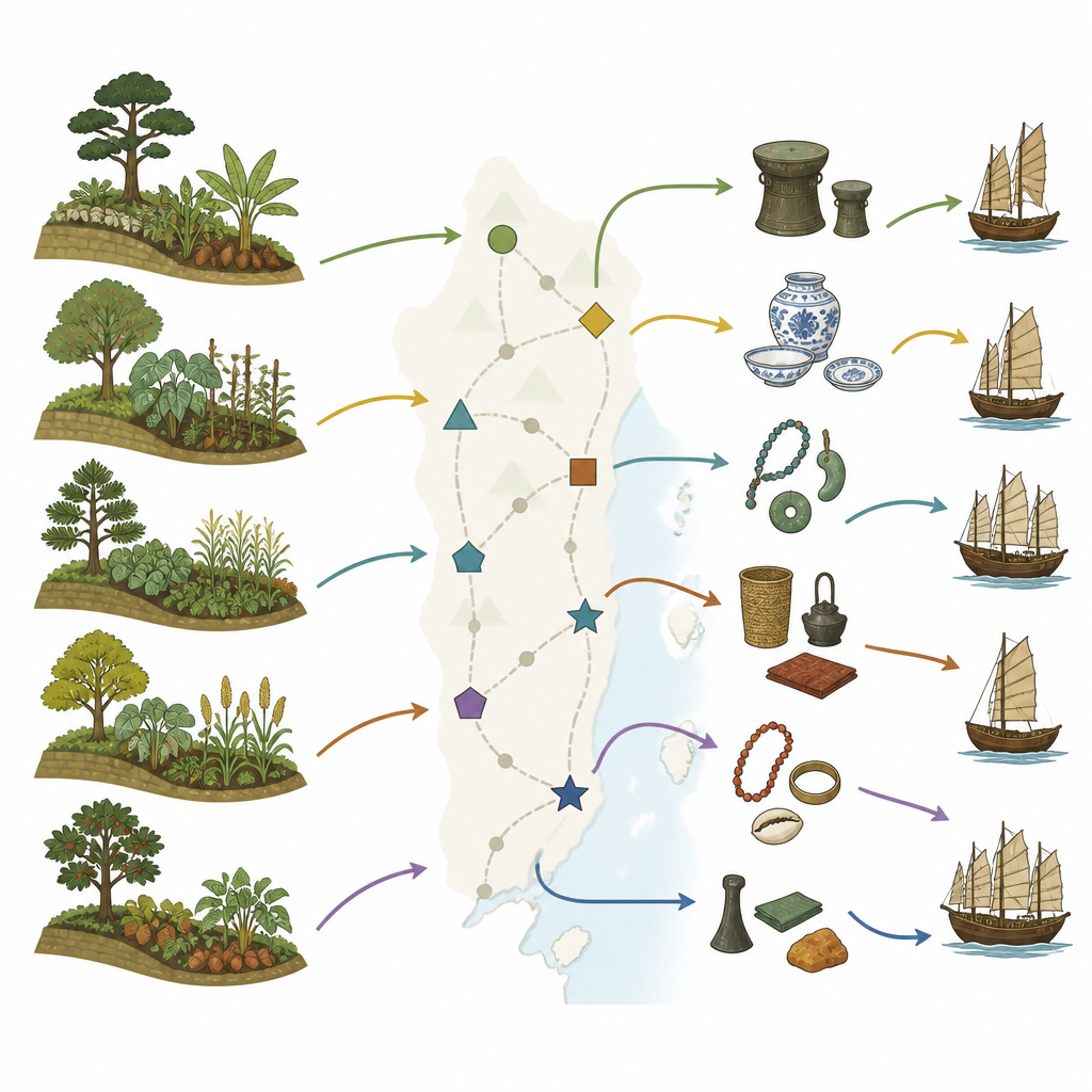 Figure 2. Come giardini nominati, sentieri e insenature traccino il flusso di colture e merci tra i villaggi Abui e i mercanti marinai visitatori.