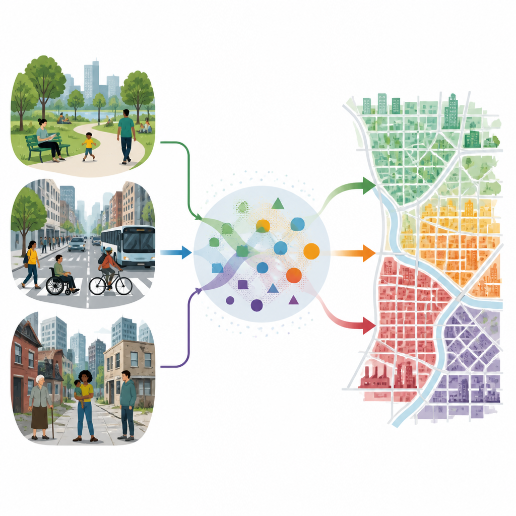 Figure 1. How city spaces and residents’ feelings interact to create fair or unfair urban living conditions.