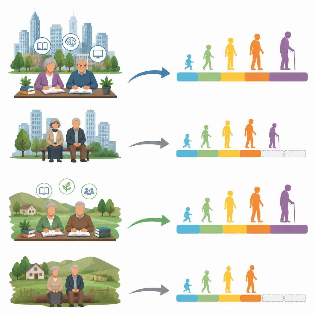 Figure 1. How schooling shapes the path from later life today to longer, healthier years tomorrow.