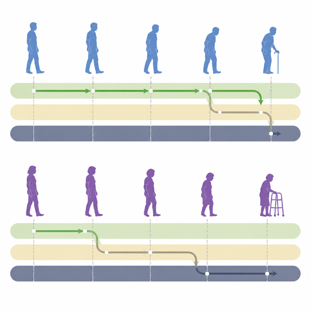 Figure 2. How different education levels change older adults’ step by step moves from good health to illness and death.
