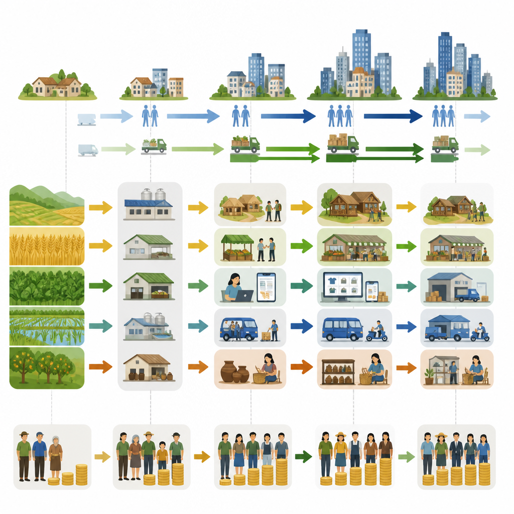 Figure 2. How new rural non farm jobs and balanced town growth turn farm output into higher incomes and smaller gaps.