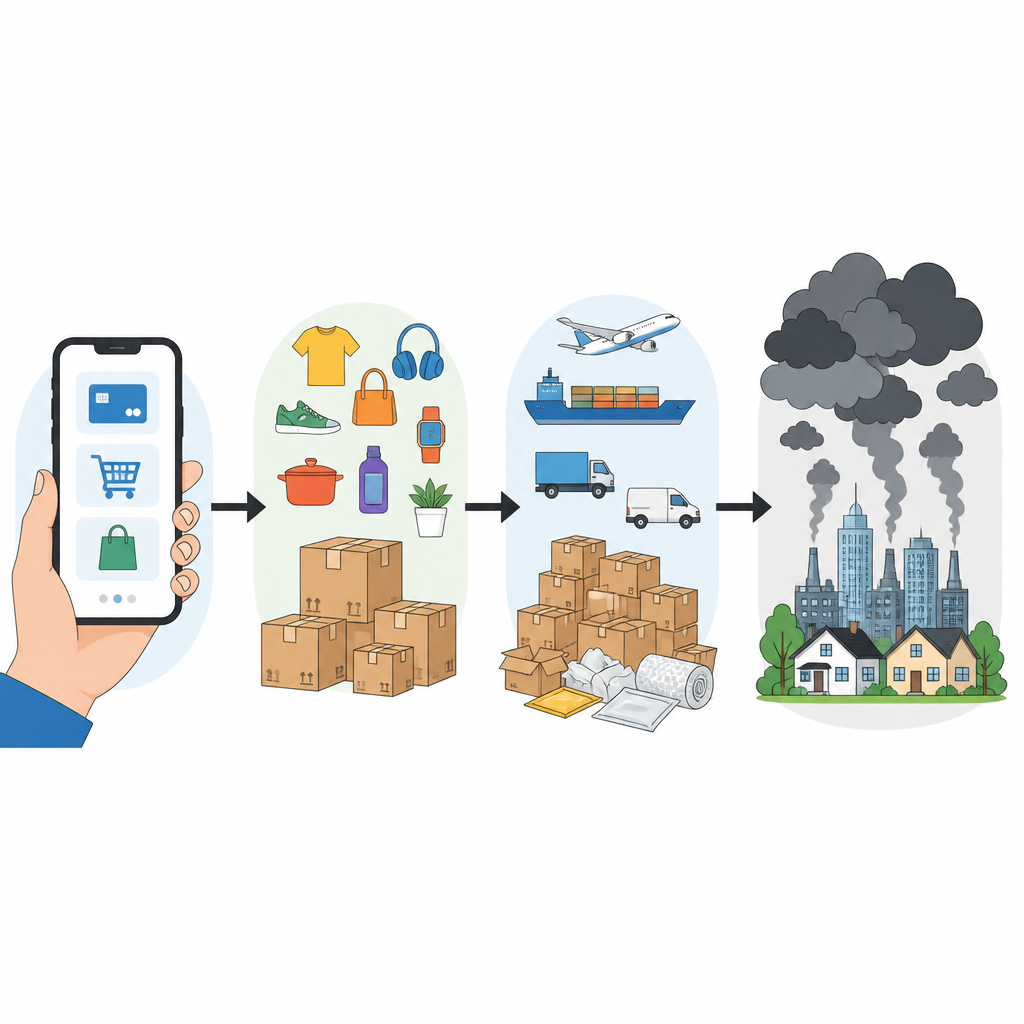 Figure 2. Step-by-step chain from smartphone payments to more shopping, more delivery, and higher household carbon emissions.
