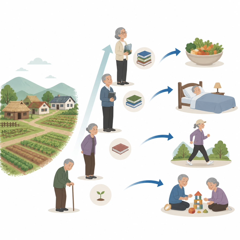 Figure 1. Come una maggiore istruzione nell E0 infanzia rurale si relaziona a abitudini quotidiane pi F9 salutari in et E0 avanzata.