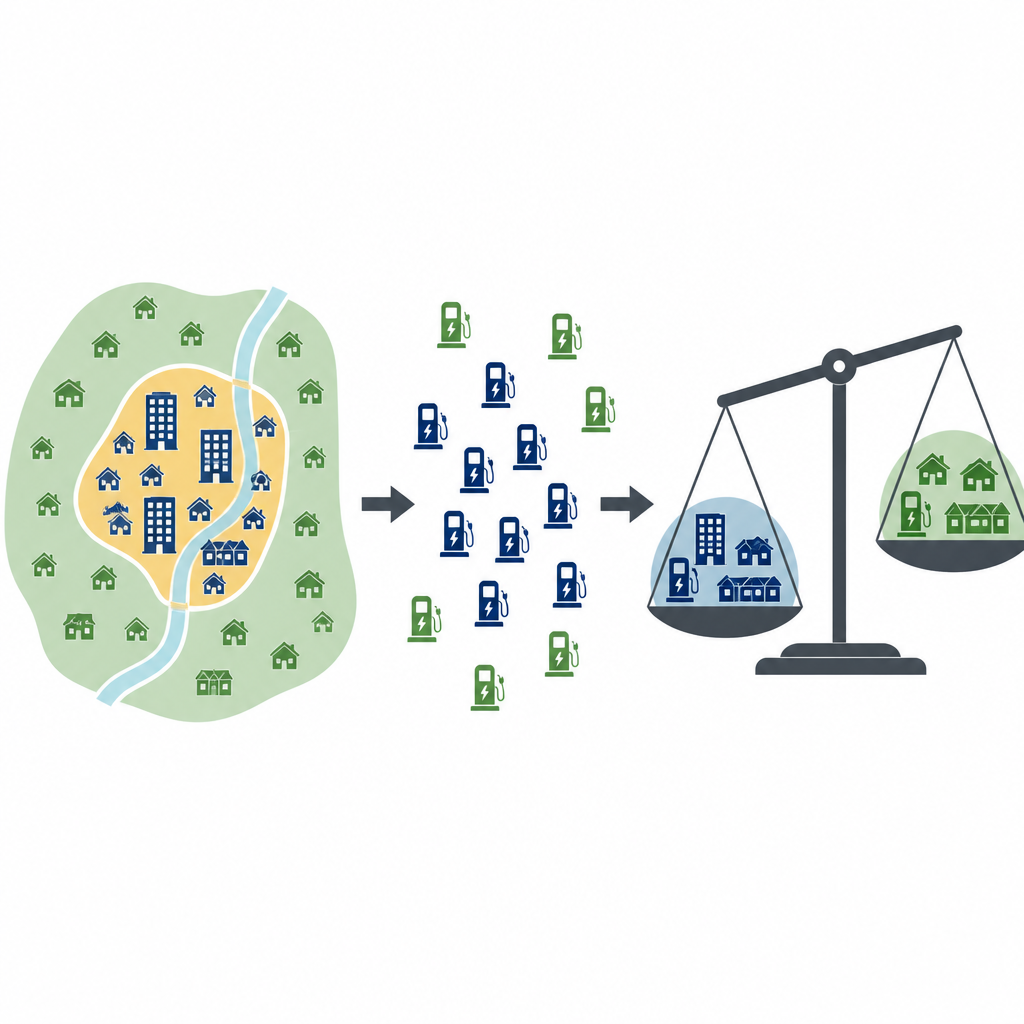 Figure 1. How public EV chargers and neighborhood traits shape who actually gets easy access to charging in a big city.