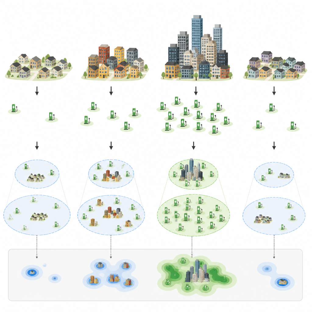 Figure 2. Step by step view of how charger locations and nearby communities create clusters of high and low access across the city.