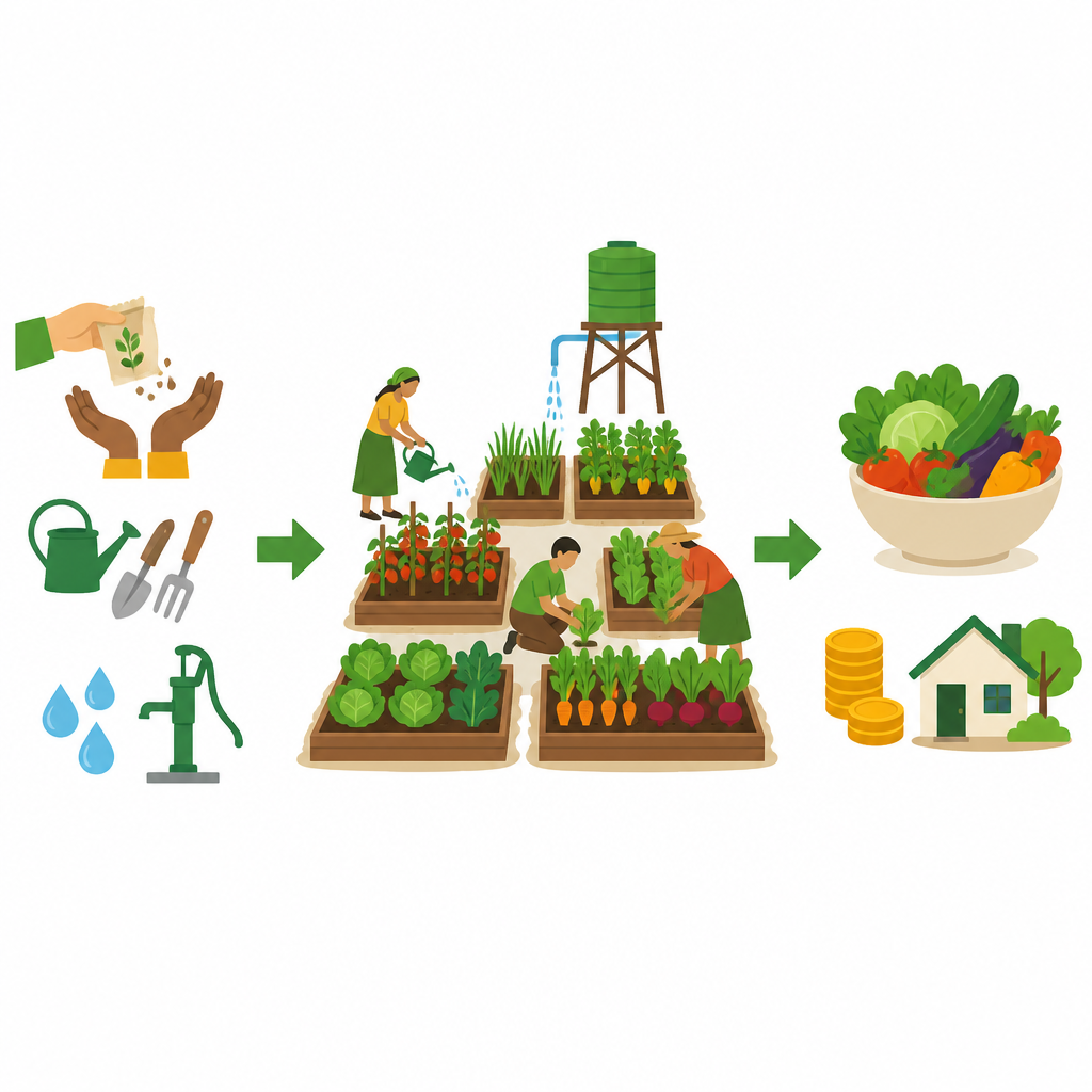 Figure 2. Seeds, tools, water and training flow into small gardens that yield vegetables, better meals and extra income.