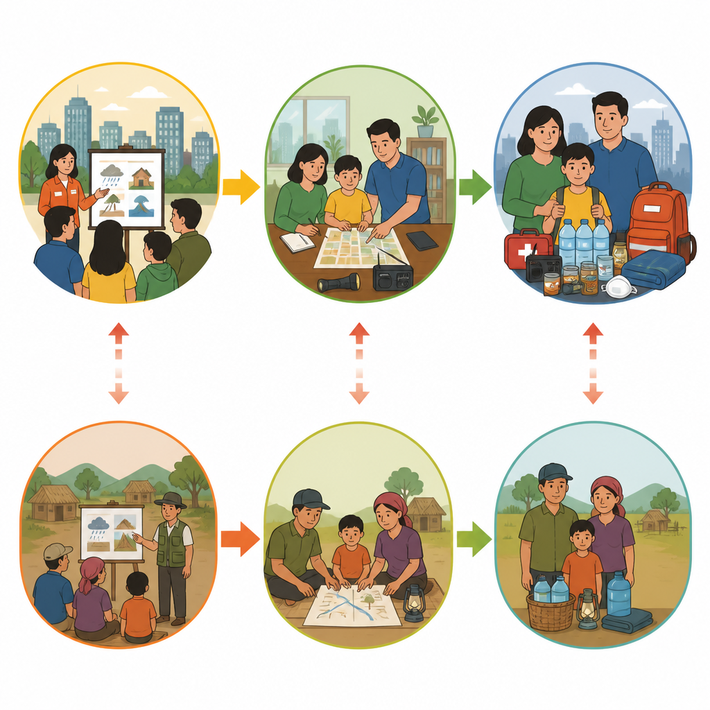 Figure 2. Step by step, town residents prepare more for disasters than villagers, revealing gaps in training and resources.