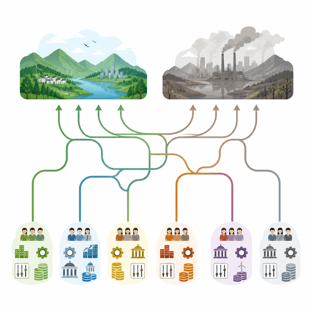 Figure 2. Different mixes of people, wealth, technology, and rules can lead to either healthy landscapes or polluted environments.