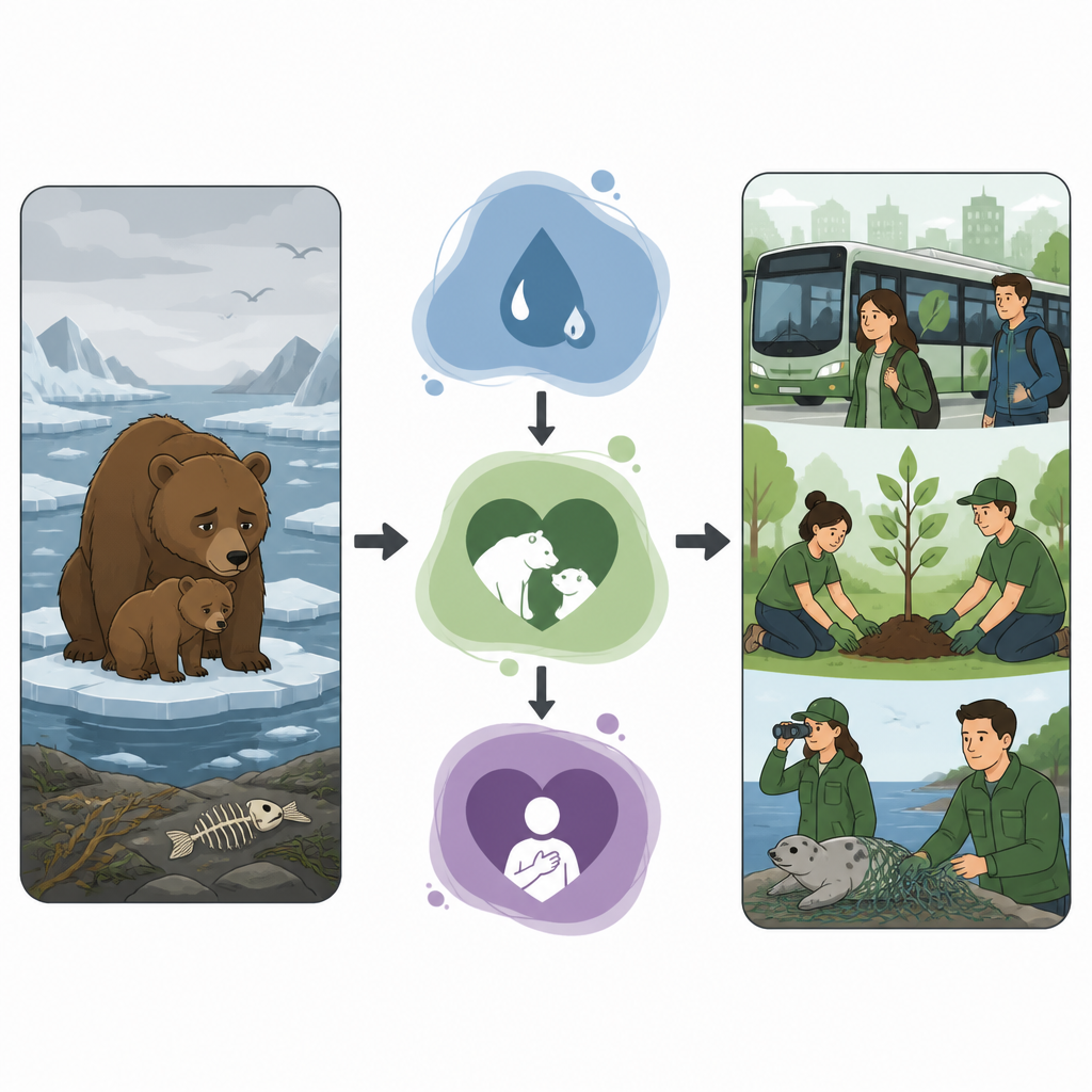 Figure 2. A harmed animal’s story stirs sadness and empathy that flow into gentle guilt, nudging people toward choices that help the environment.