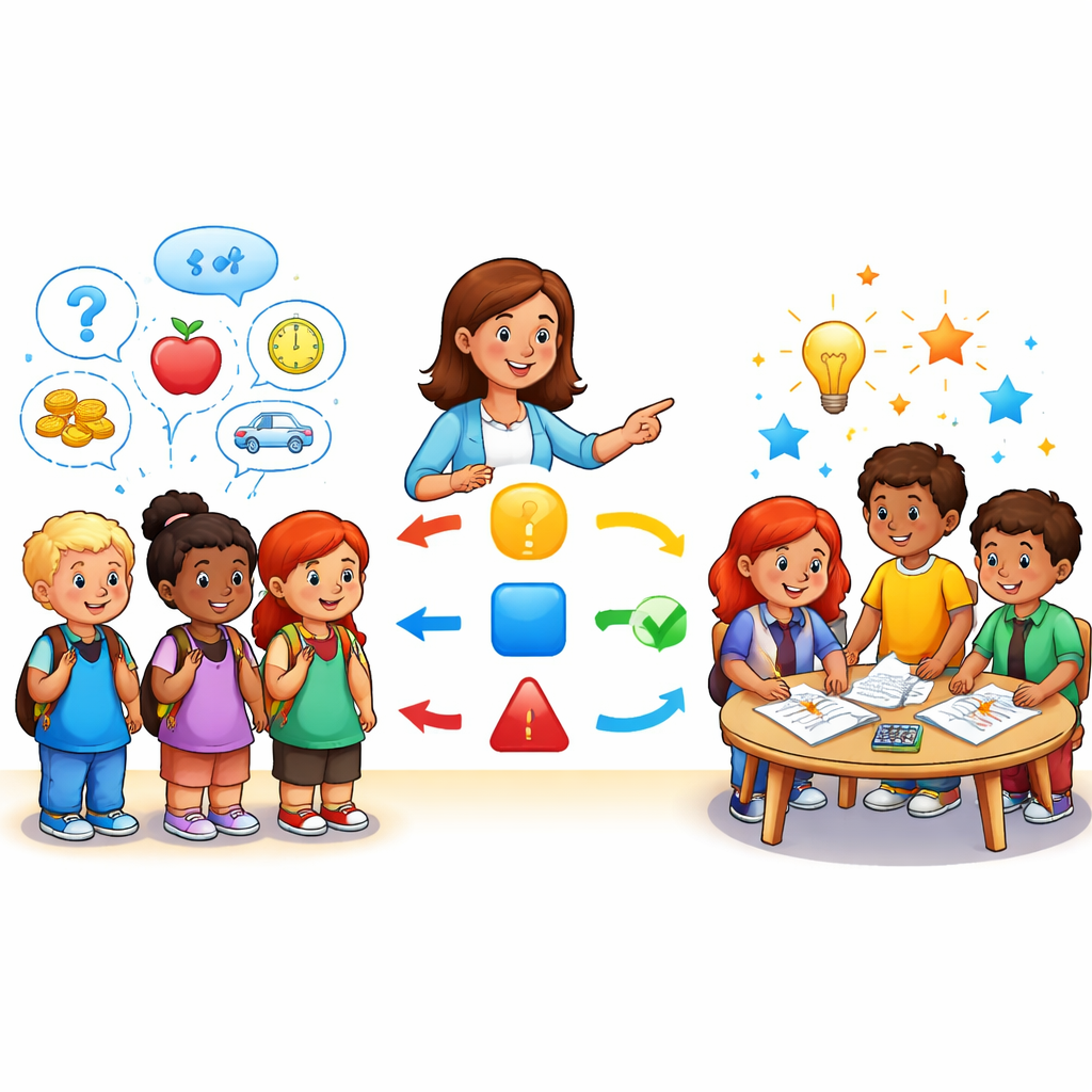 Figure 1. Children use guided steps and playful group work to turn confusing story math into successful solutions.