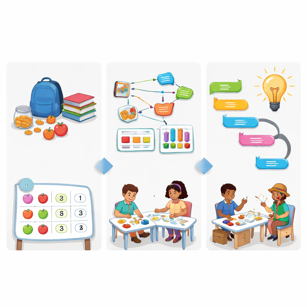 Figure 2. Word problems move from real life scenes to visual aids and hands on stations, ending in a clear solution through simple steps.