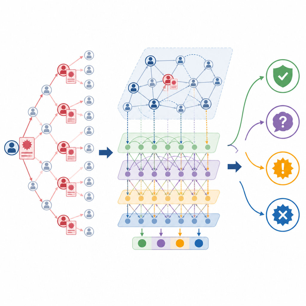 Figure 2. How a hybrid network model traces rumor spread patterns and text to sort events into four credibility levels.