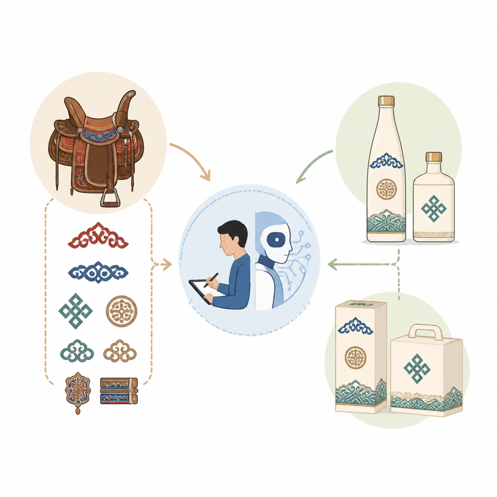 Figure 1. How human designers and AI turn Mongolian saddle art into modern kumis packaging at a glance