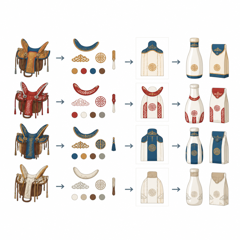 Figure 2. How saddle shapes, colors, patterns, and materials flow step by step into refined kumis package designs