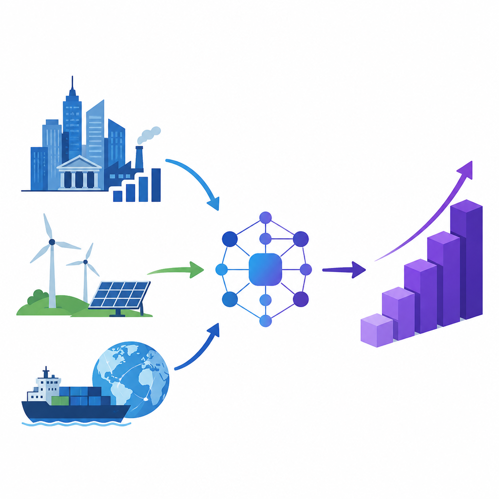 Figure 1. Cómo el crecimiento, la energía limpia y los vínculos globales en conjunto alimentan la inversión en IA en Estados Unidos