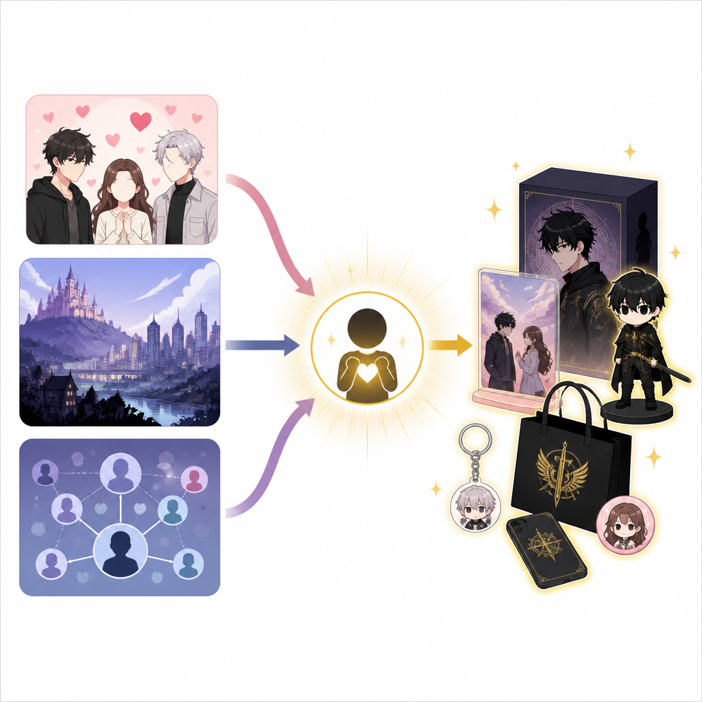 Figure 2. How character bonds, rich worlds, and social sharing build fan identity that boosts value of webtoon goods.