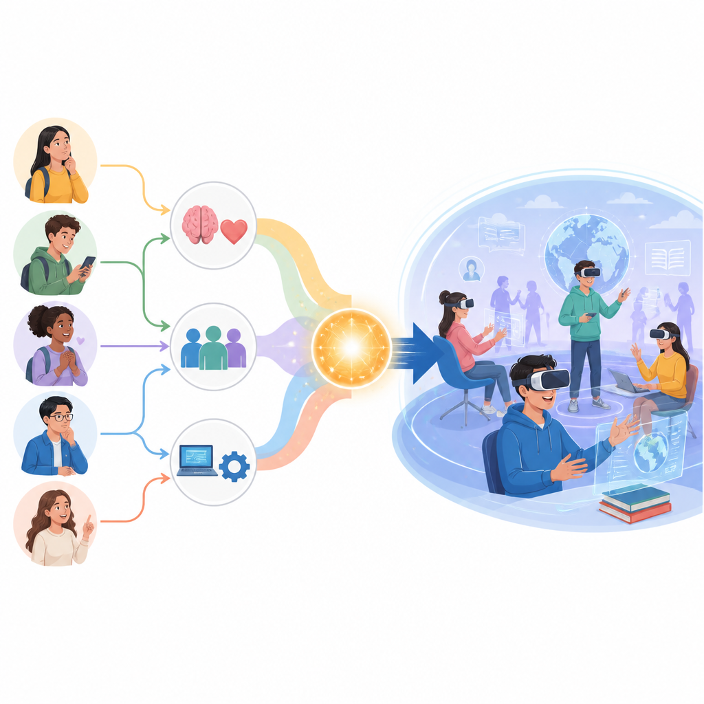 Figure 2. Kişisel özelliklerin, sosyal desteğin ve teknoloji tasarımının metaverse İngilizce öğrenimine olan ilgiyi gerçek kullanıma nasıl dönüştürdüğü.