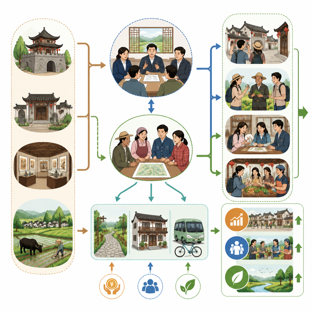 Figure 2. How local leaders, villagers, and heritage sites interact to turn agritourism into lasting benefits for rural communities.