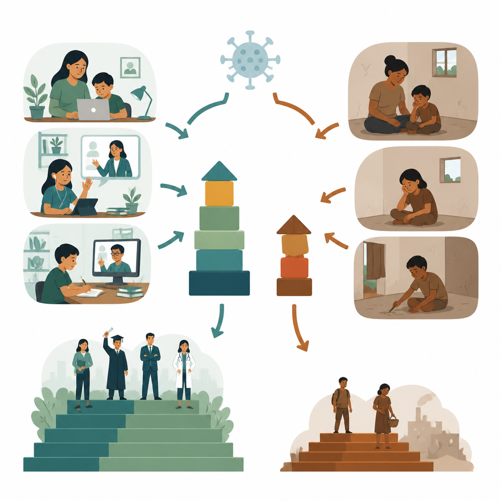 Figure 2. How different home learning conditions during school closures lead to diverging education paths for children.