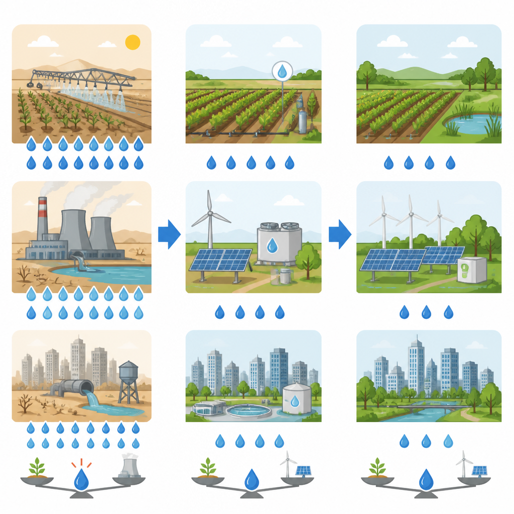 Figure 2. Wie klügere Entscheidungen in Landwirtschaft und Energie den Wasserstress verringern und über die Zeit ein gesünderes regionales Wachstum unterstützen können.