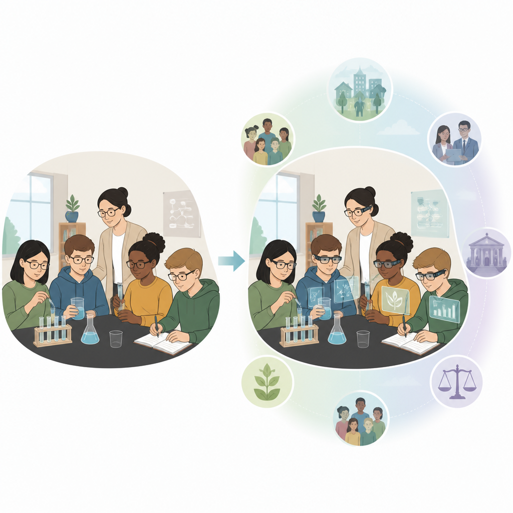 Figure 1. How smart glasses shift science classrooms from simple labs to tech rich spaces that affect safety, privacy, and learning.