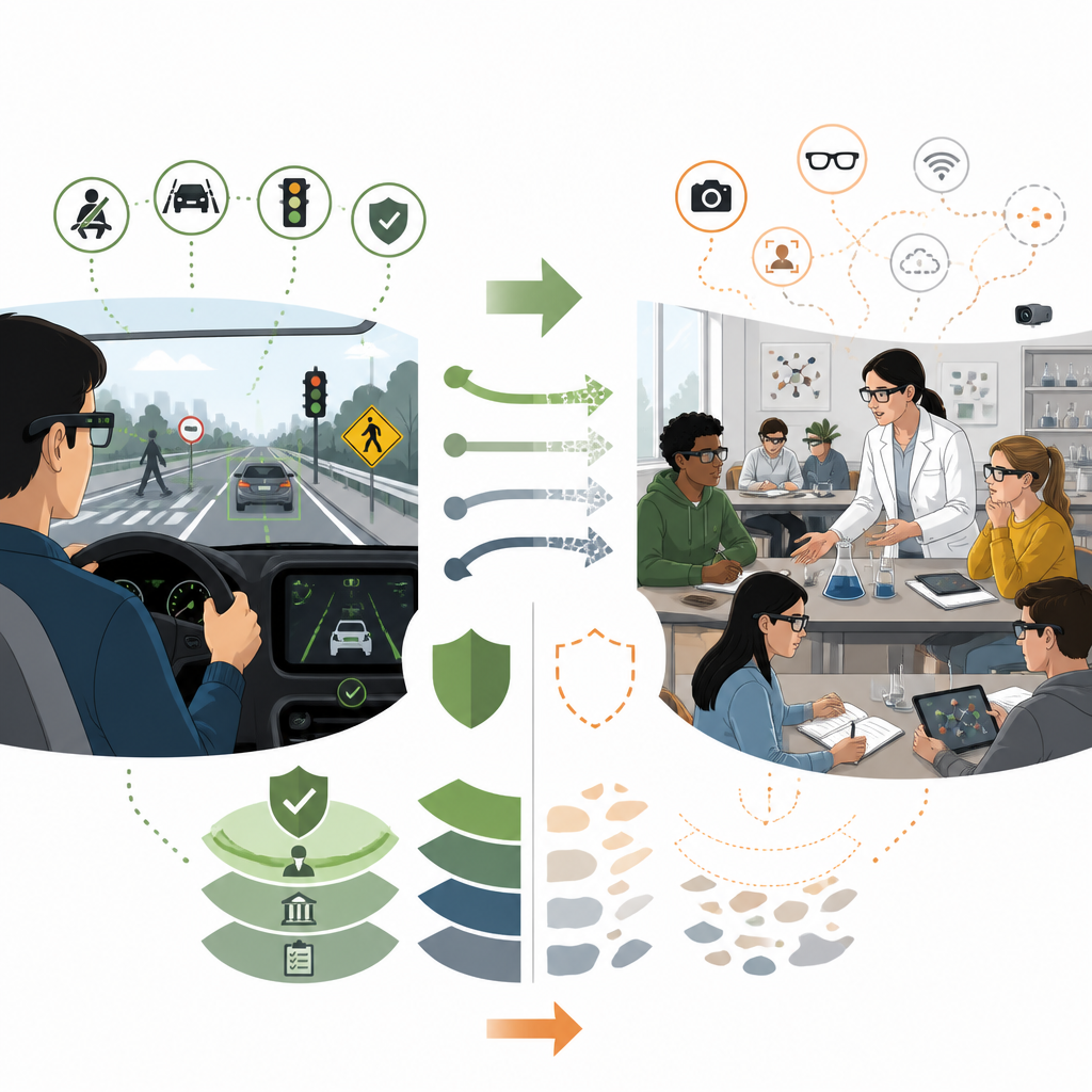 Figure 2. Comparing strict road rules on smart glasses with vague school rules to show how hidden risks play out in science labs.