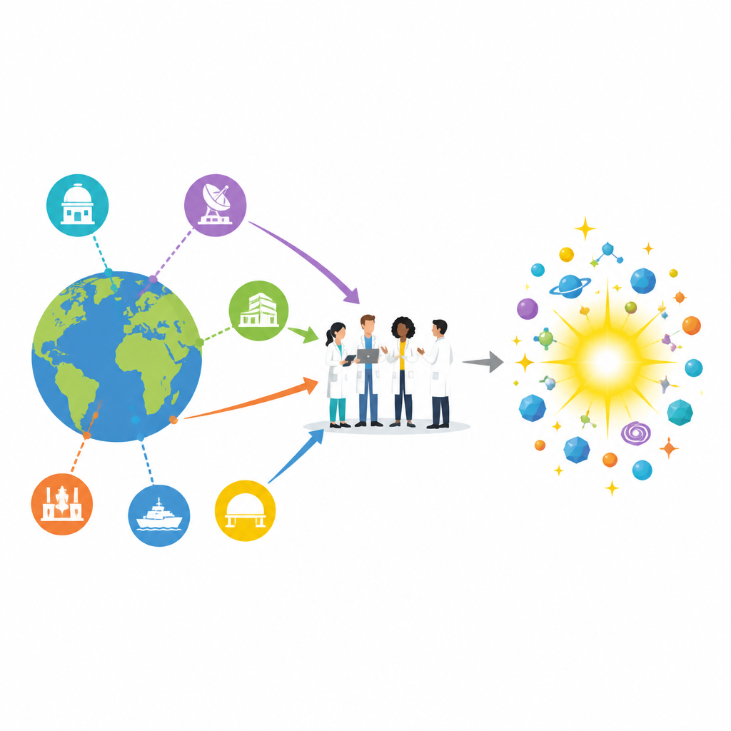 Figure 1. Scientists around the world combine several giant research labs to tackle one problem and boost the influence of their results