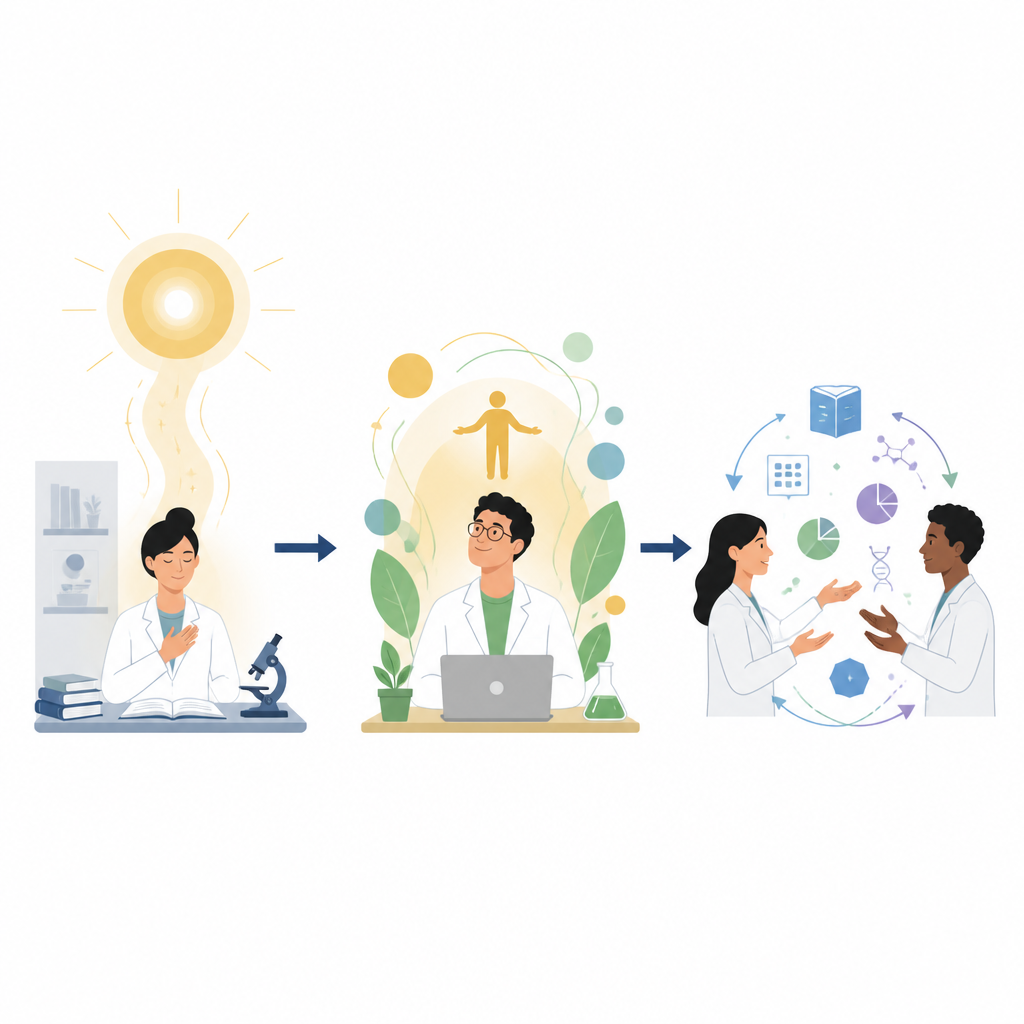 Figure 1. How a sense of purpose at work flows into happier researchers who freely share knowledge with others.