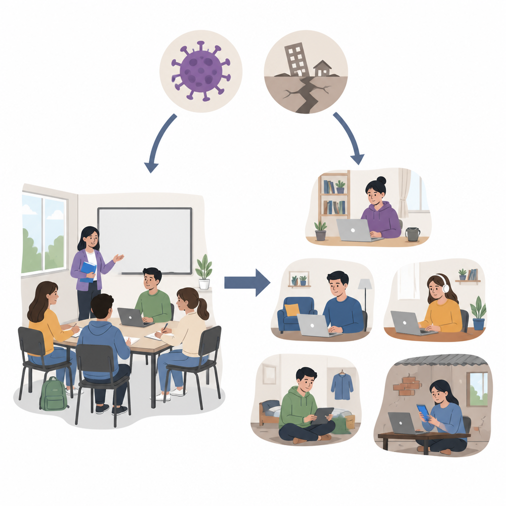 Figure 1. Come le crisi spingono l’insegnamento online e modificano l’esperienza degli studenti-insegnanti, dal aula alla casa.