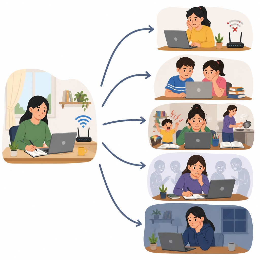 Figure 2. Come la tecnologia domestica, lo spazio e le questioni di equità modellano le esperienze concrete dei futuri insegnanti con le lezioni online.
