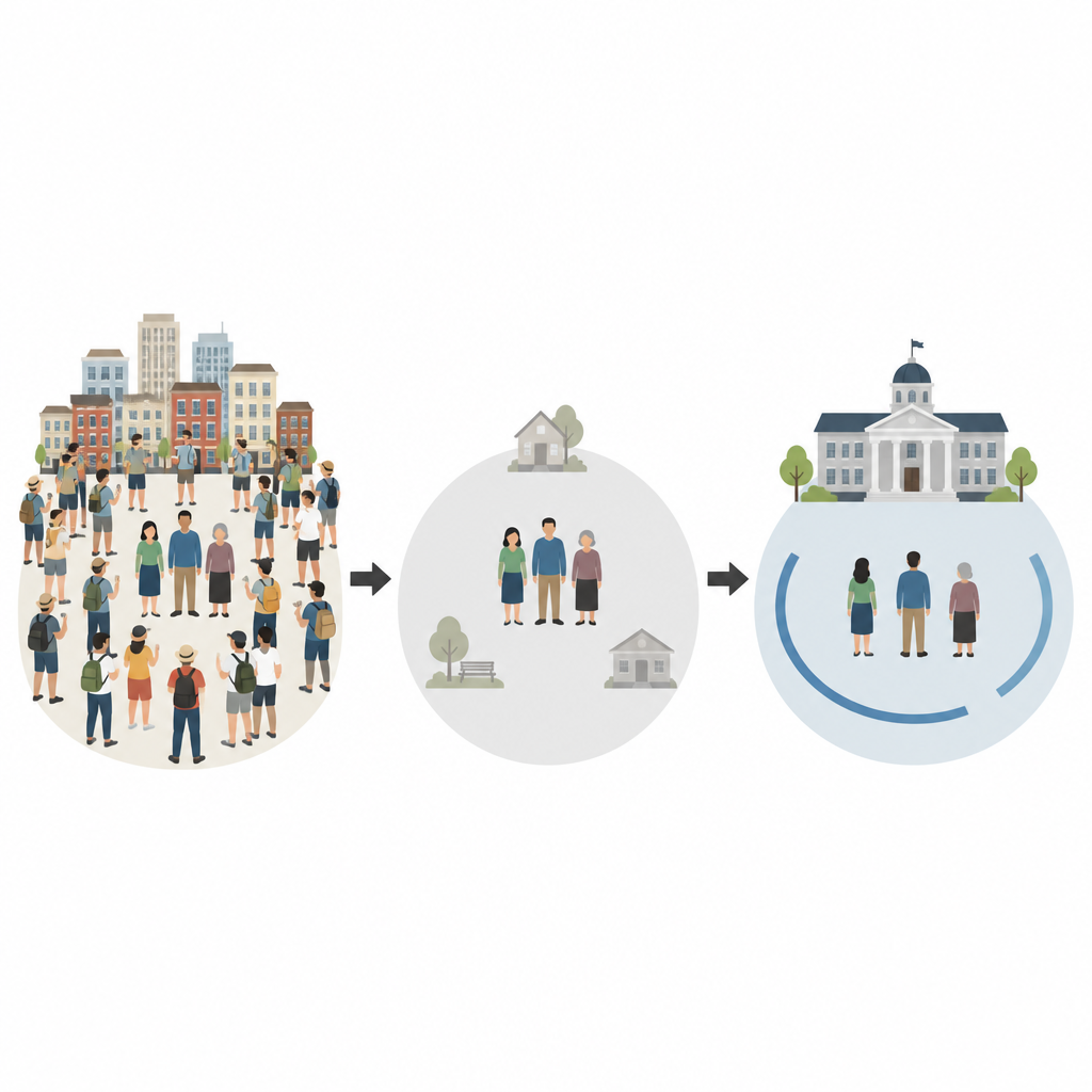 Figure 2. Step-by-step chain from crowding to weaker local ties, stronger unfairness feelings, and softer impact when government is trusted.