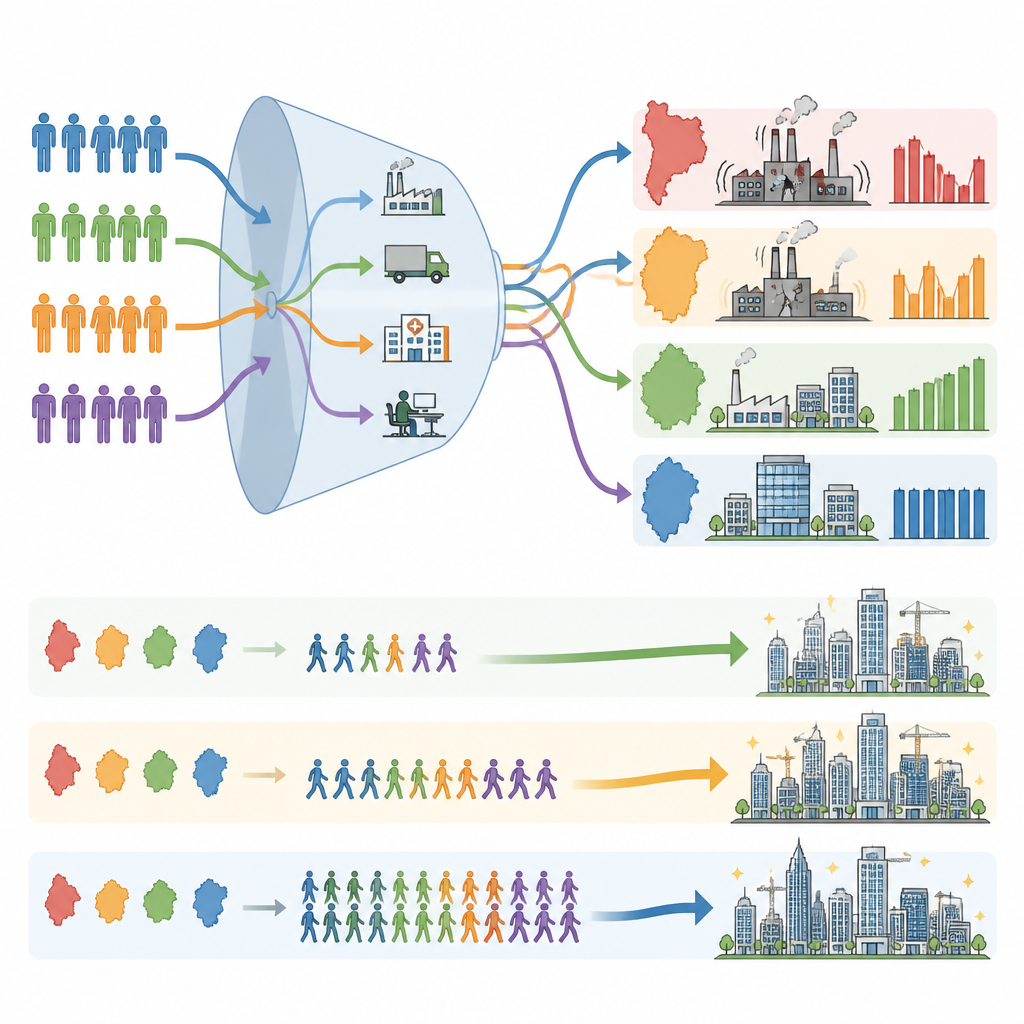 Figure 2. How refugee workers flow into sectors, raise or lower labor risks, and change if more or fewer people return home.