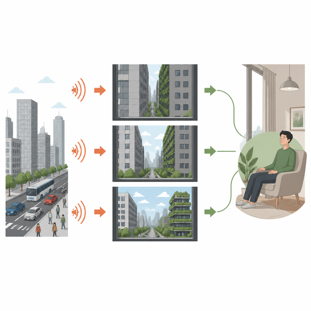 Figure 1. How window views, greenery, distance and city noise together affect how calm or stressed people feel indoors