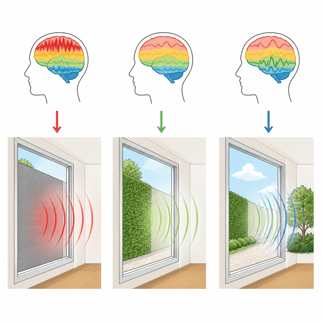 Figure 2. How different mixes of green walls, building distance and noise change brain activity linked with calmness and attention