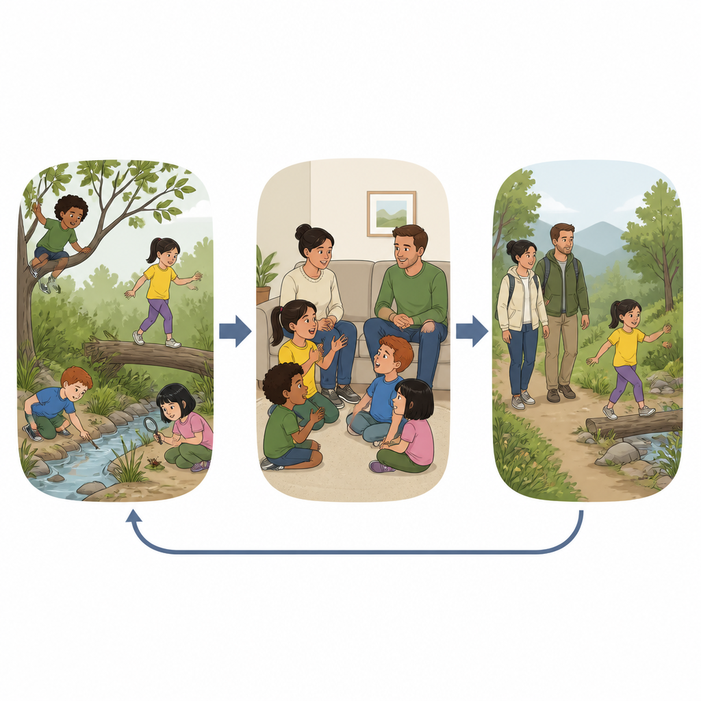 Figure 2. How children’s bush play leads to new family nature habits and more confident, adventurous play over time.