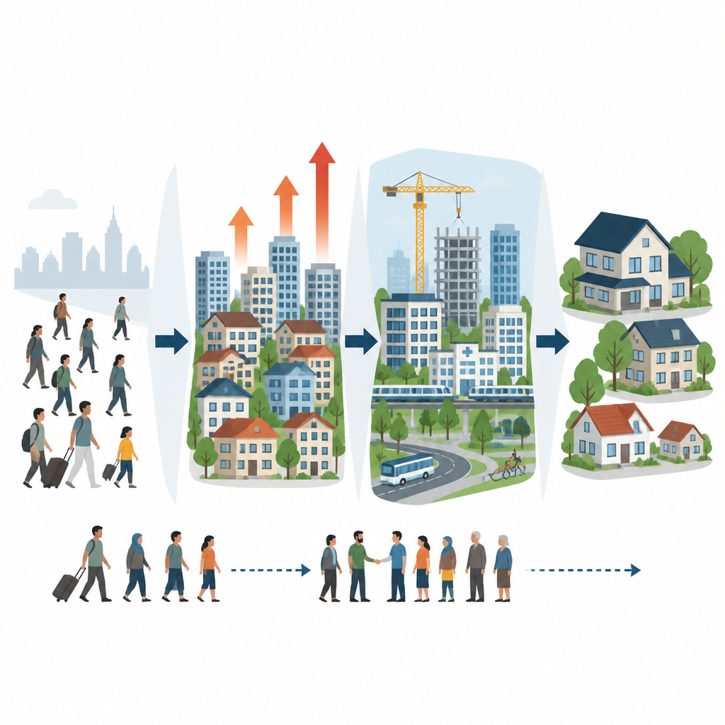 Figure 2. Migrant inflows push up housing demand and city building, lifting local homeowners’ wealth and softening bias toward migrants.