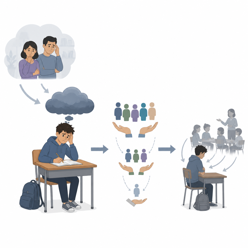 Figure 2. How parental worry reduces support and confidence in teens, leading step-by-step to avoiding academic help.