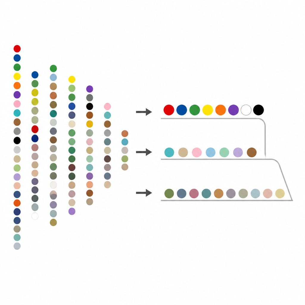 Figure 2. How many color names sort into core basics, popular extras, and rare trendy shades using people’s free lists