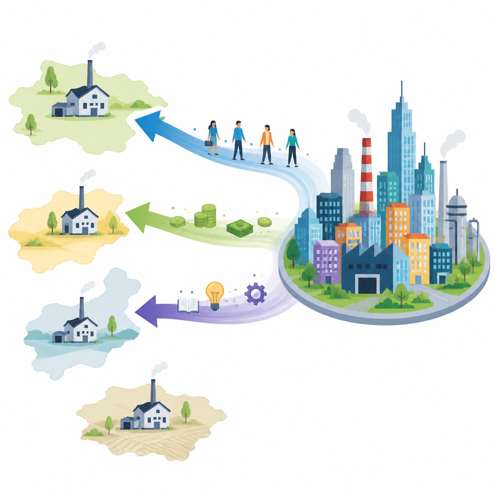 Figure 1. Shared local speech links poor counties to nearby cities and helps their factories perform better.