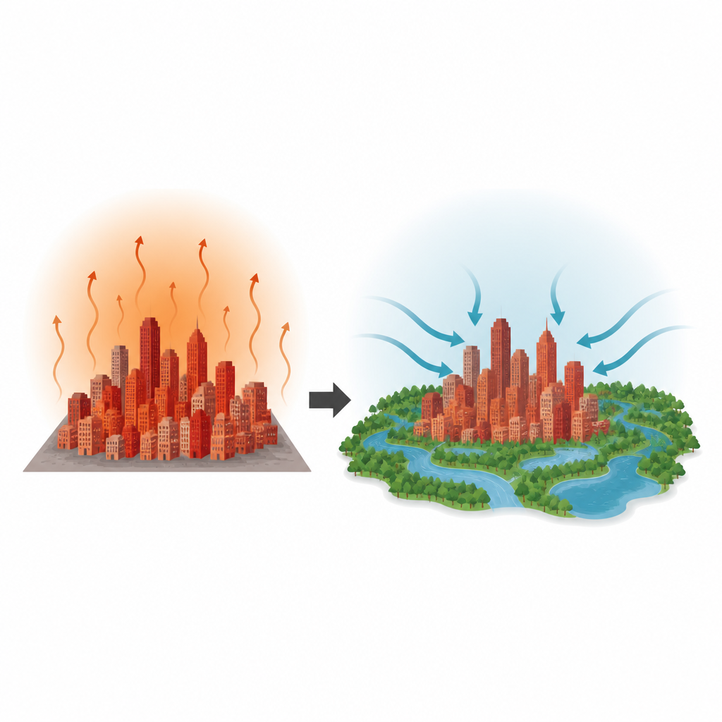 Figure 1. How more trees, parks, and water around a city can soften the bubble of heat that forms over dense urban areas.