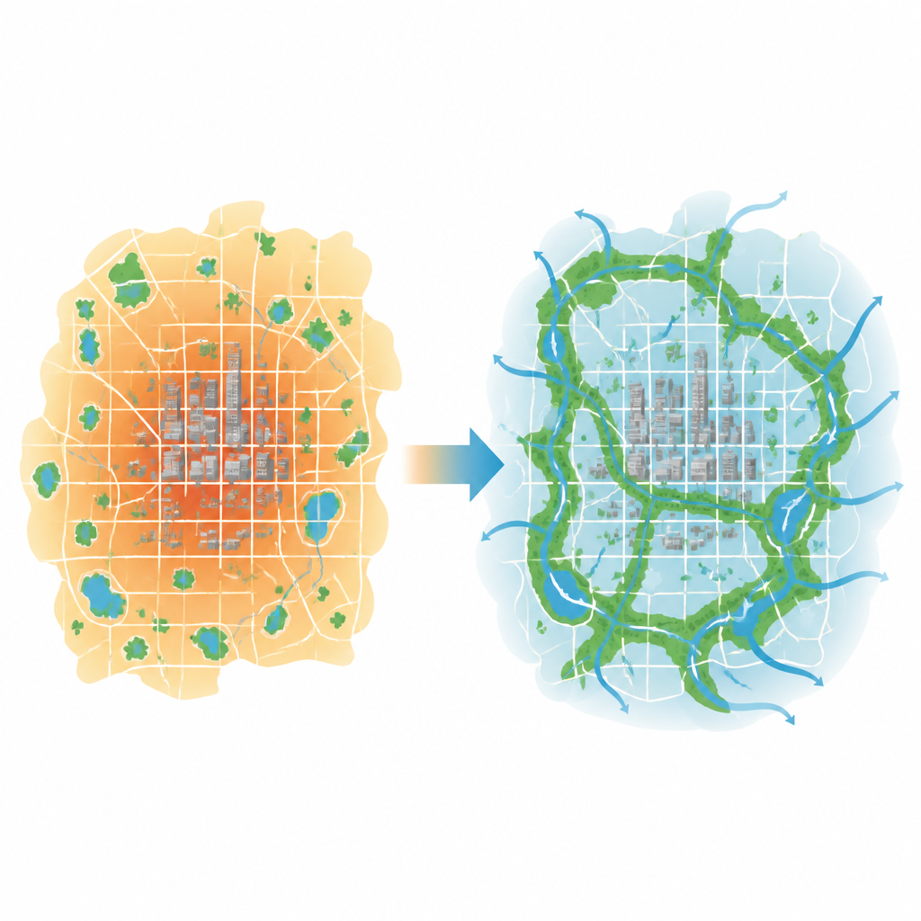 Figure 2. How linking green and blue patches into a network helps cool hot city blocks and weakens the urban heat island.