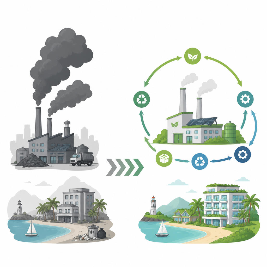 Figure 1. How circular practices and green tourism together shift economies from wasteful growth to lower industrial emissions.