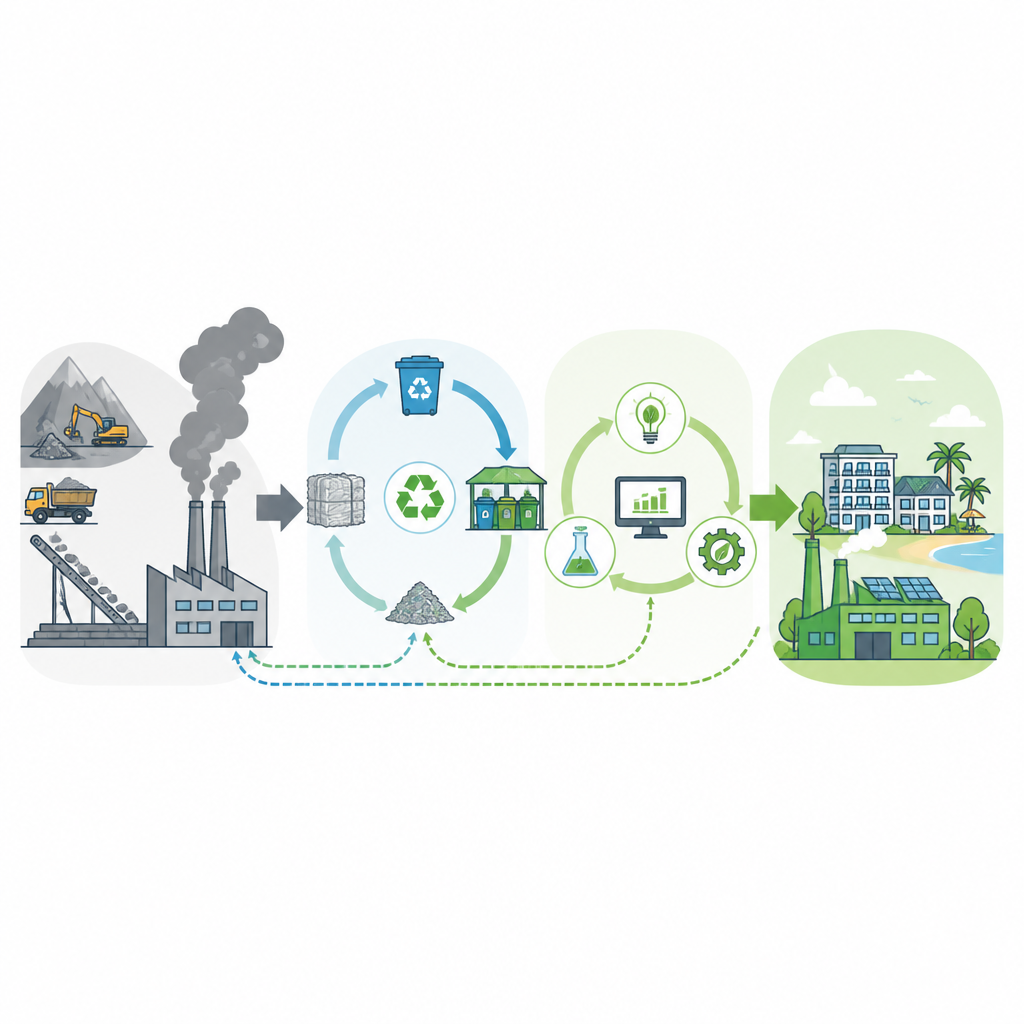 Figure 2. How resource loops, recycling and innovation stages stepwise reduce factory emissions in tourism-focused economies.