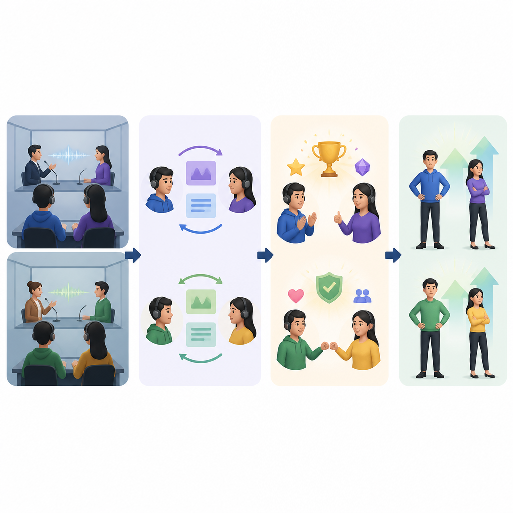 Figure 2. Step by step view of how gamified virtual sessions guide interpreter avatars through practice, feedback, rewards, and growth.
