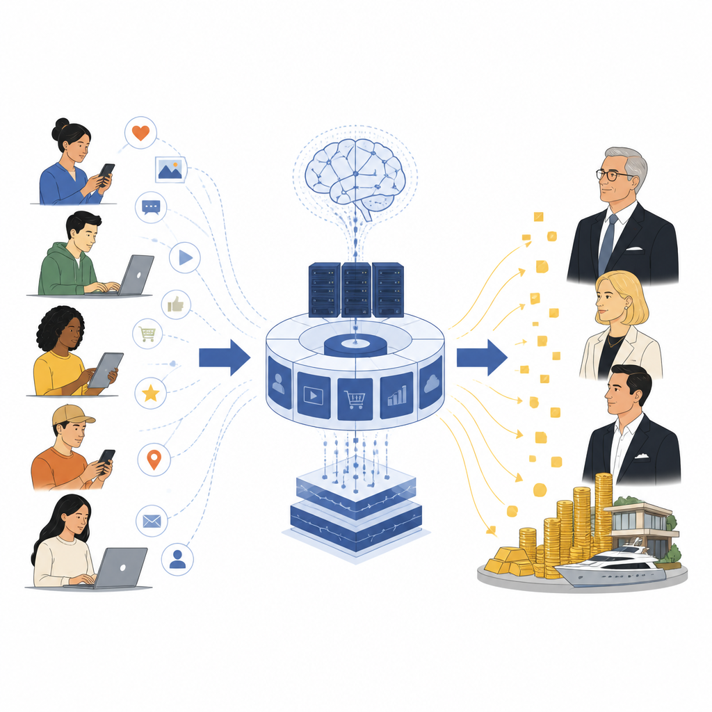 Figure 1. Come persone, strumenti di IA e piattaforme digitali trasformano le attività online quotidiane in ricchezza per un piccolo gruppo di proprietari.
